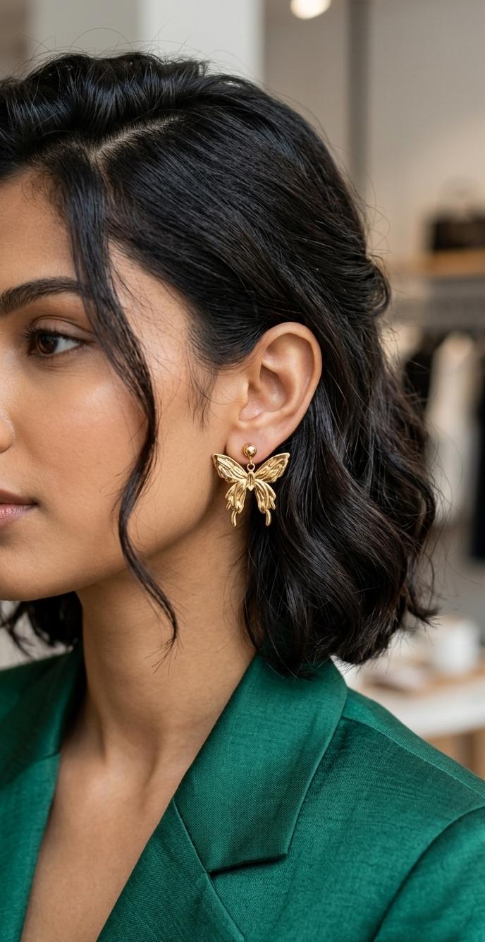 Golden butterfly earrings from Saj Kotha
